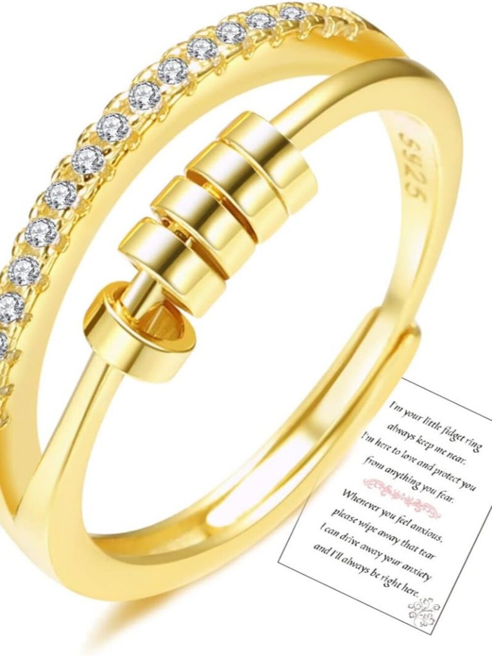 Sterling Silver Anxiety Ring With Inspirational Card,S925 Adjustable Fidget Ring